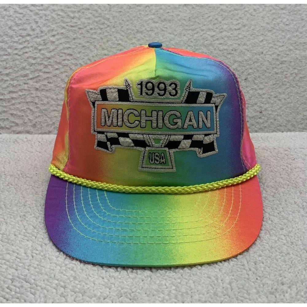 VTG Otto Michigan Speedway Hat Mens OSFM Rope Nylon Rainbow Retro 1993 Colorful